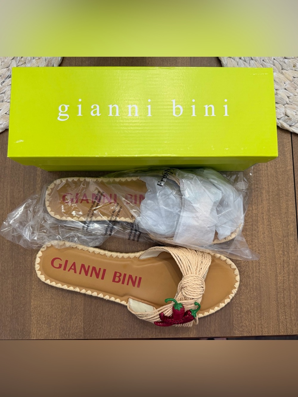 Gianni Bini Beige Braided Slide Sandals with Red Chili Detail